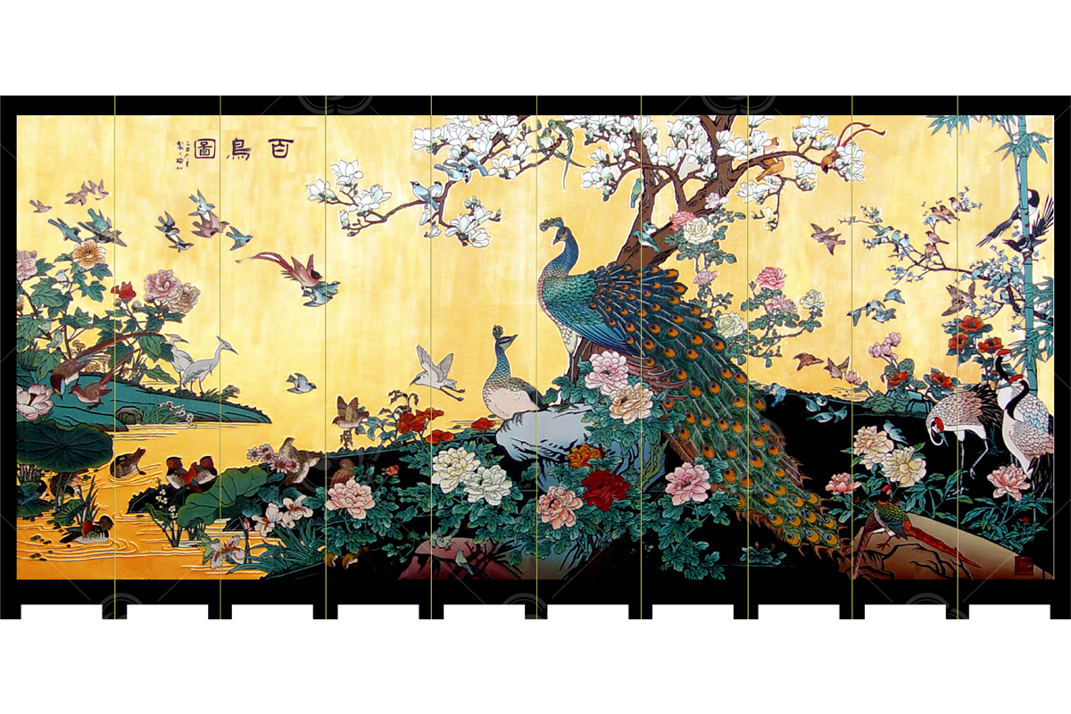 刻漆壁畫(huà)《花鳥(niǎo)屏風(fēng)》